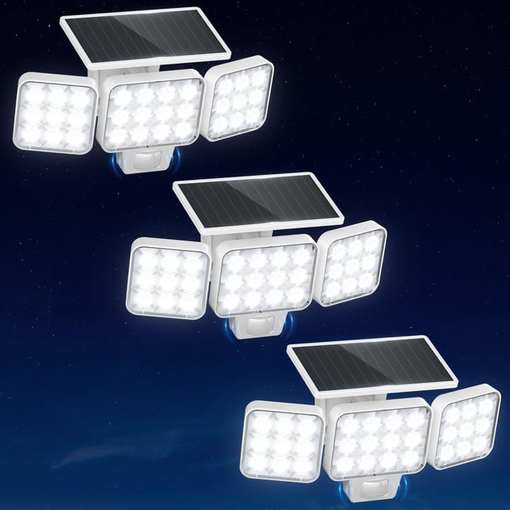 WdtPro Motion Sensor Outdoor Lights 3 Pack,3500LM Bright Solar Lights Outdoor Flood Light, Upgrade Glass Panel, LED Solar Powered Security Light Spotlights Waterproof for Outside Yard-White - Image 1
